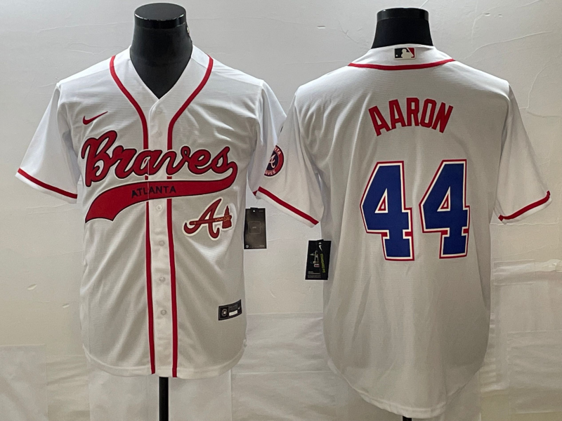 Men's Atlanta Braves #44 Hank Aaron White Cool Base With Patch Stitched Baseball Jersey